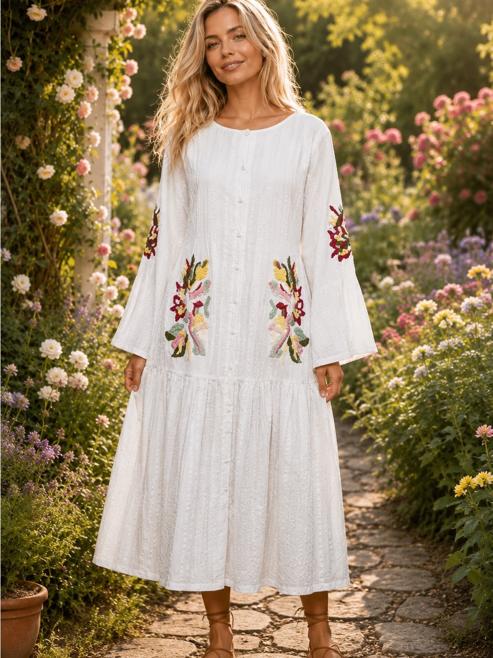 POL L White Button-Up Dress with Colorful Floral Embroidery - Picture 2 of 7